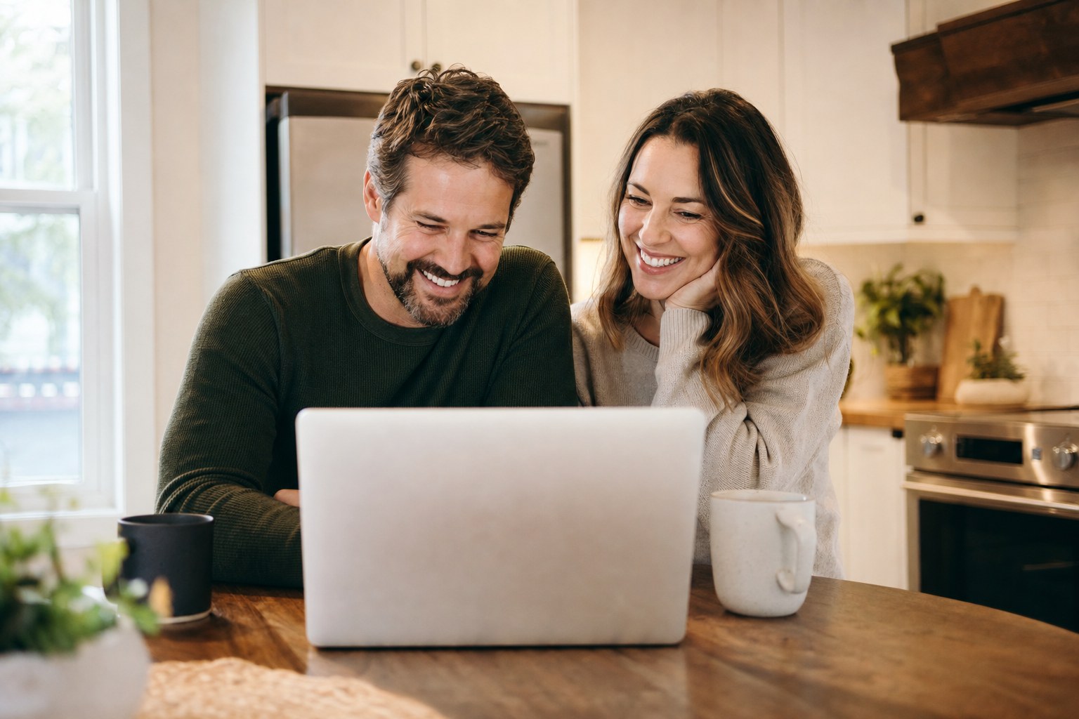 Couple de propriétaires souriant, à la maison